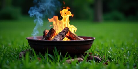 A warm fire burning brightly in a rustic metal bowl, nestled amidst vibrant green grass, creating a tranquil outdoor scene.