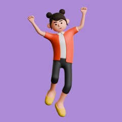 3d illustration of Asian female in casual red clothes, leaping into the air with excitement, raising both hands. Isolated on purple background.
