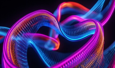 Vibrant Abstract DNA Strands in Neon Colors Representing Genetic Research and Biological Innovation at Night, Generative AI