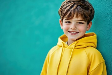 Smiling boy in a yellow hoodie, isolated on teal.