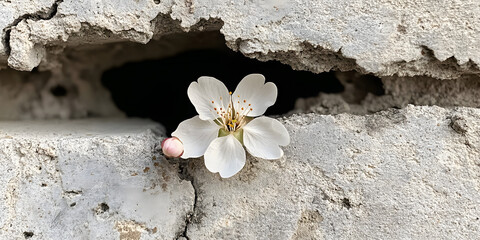White Flower Growing Through Concrete Wall