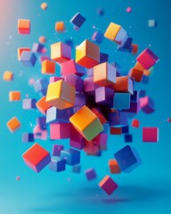 Obraz premium Abstract 3d rendering of cascading cubes. Dynamic formation with vibrant colors for poster, cover, branding, banner, placard., Generative AI