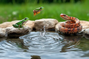Frog leap and snake encounter at serene pond nature photography calm environment close-up