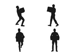 Obraz premium Delivery man carrying boxes of goods vector silhouette. Delivery man with parcel silhouette vector. Post man package. man with a box in his hands silhouette on a white background.