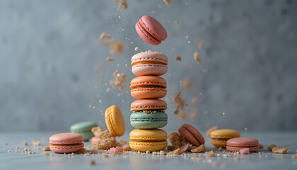 A stack of colorful macarons falling against a gray backdrop.