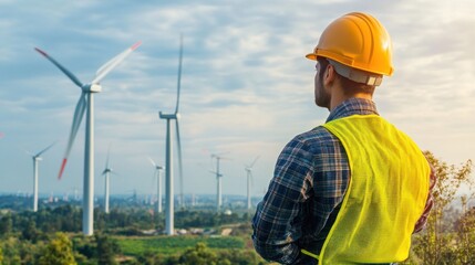 Obraz premium Engineer overlooking wind turbines.