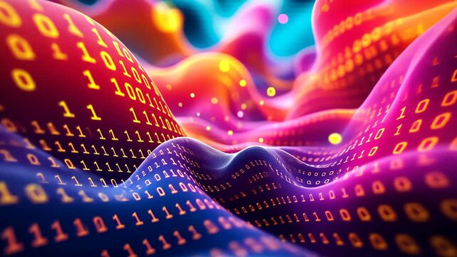Futuristic digital landscape with colorful binary waves and dynamic data streams