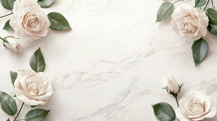 Cream roses arranged on marble background, flat lay, wedding invitation design