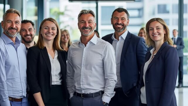 A small group of diverse business professionals, led by a confident senior leader, stands united in a modern office setting.
