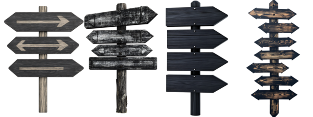 Set of a black wooden sign with directional arrows, isolated on a transparent background.