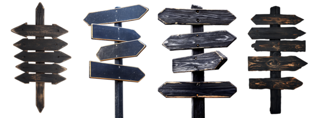 Set of a black wooden sign with directional arrows, isolated on a transparent background.