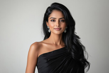Naklejka premium Young beautiful woman in black color saree