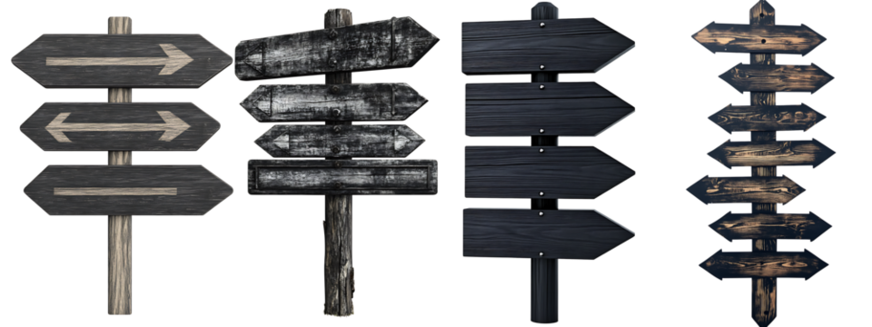 Set of a black wooden sign with directional arrows, isolated on a transparent background.