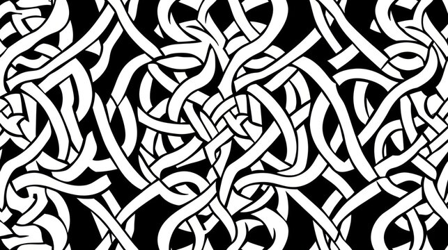 Abstract black and white tangled knot seamless pattern.