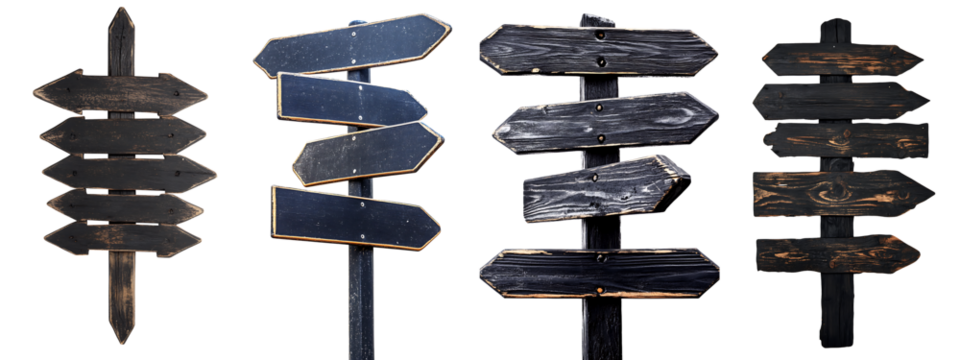 Set of a black wooden sign with directional arrows, isolated on a transparent background.
