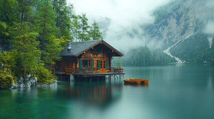 Fototapeta premium ' Cabin on stilts by still lake, boat, foggy mountains. Peaceful getaway use.