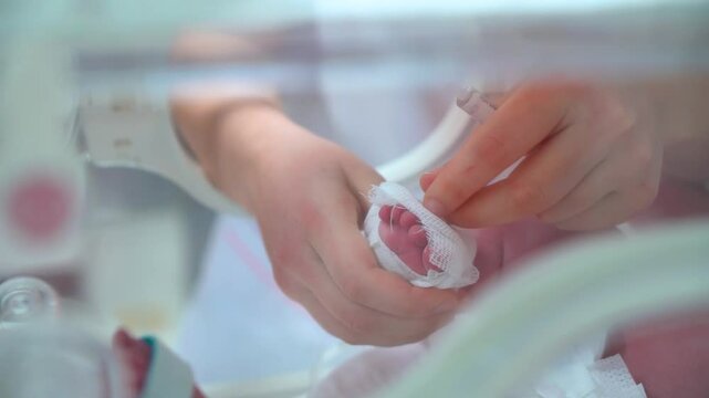 Close up of an infant in critical care unit's incubator
