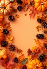 Vibrant Autumn Arrangement Featuring Pumpkins, Pine Cones, and Colorful Leaves on an Orange Background for Seasonal Decoration or Fall Celebrations