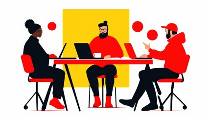 Fototapeta premium Three Creative Professionals Engaging in Ideas at a Modern Workspace with Bold Colors and Minimalist Design