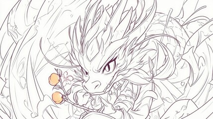 Line Art Dragon with Blossom Branch