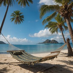 A hammock tied between two palm trees, side-view, with a blurred ocean view in the background.
