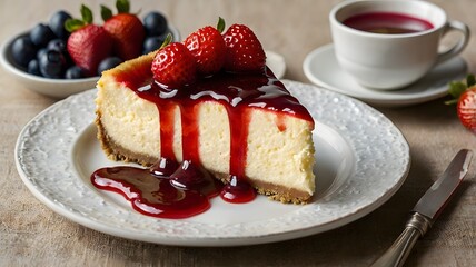 A classic New York cheesecake topped with fresh strawberries and a drizzle of berry sauce. 