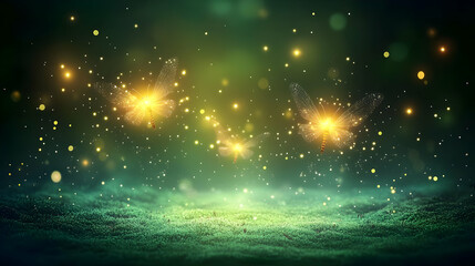 Glowing dragonflies over mossy forest, magical night scene