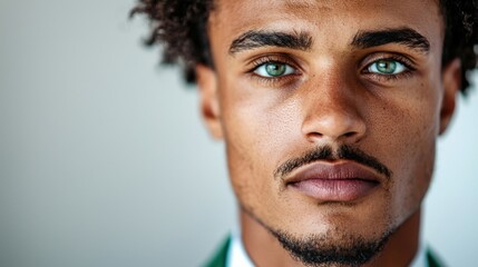 Fototapeta premium Close-Up Portrait of Confident Young Man with Curly Hair and Striking Green Eyes in Professional Attire