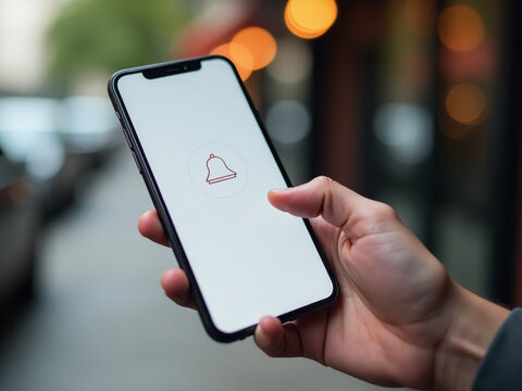 A Person Holds A Smartphone And Presses The Notification Bell Button On The App Screen For Remote Online Alerts. 00003