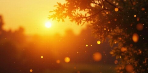 Obraz premium Glowing gold drops falling from the sky at sunset, sunny, warm