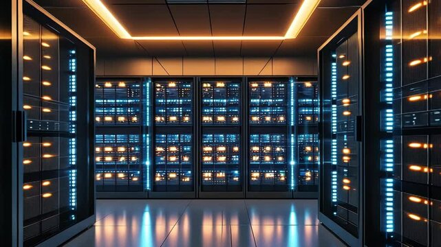 Futuristic server room filled with illuminated data storage systems showcasing modern technology and infrastructure