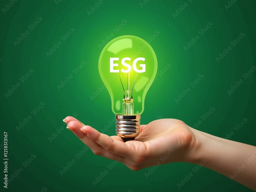 Poster a hand holds a light bulb with an esg icon on a green background to represent sustainability and eth