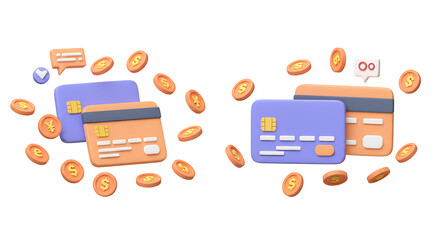 3D online payments credit or debit card concept. coins floating on isolated background. money transfer. financial transactions. cartoon minimal style. 3d rendering illustration 
