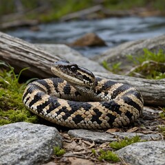 Fototapeta premium Hidden Eastern Massasauga: A Stealthy Snake in Ambush Among Natural Terrain