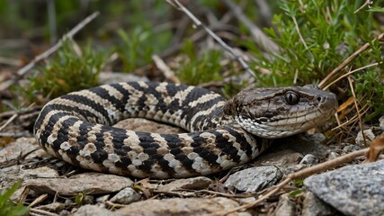 Obraz premium Eastern Massasauga in Ambush: Camouflaged Among Rocks and Vegetation, Poised for Action