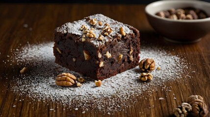 A rich chocolate brownie topped with chopped walnuts and a dusting of powdered sugar. 