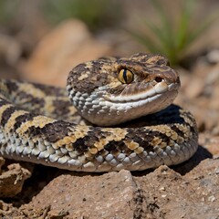 Obraz premium Horned Viper on Wet Surface During Rain Shower, Droplets Collecting on Its Scales