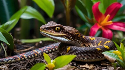 Obraz premium Hidden Beauty: Bothrops Snake Blending with Vibrant Tropical Flowers in the Wild