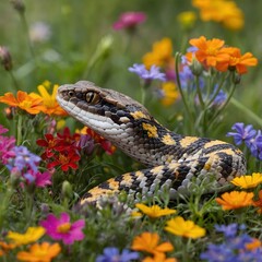 Obraz premium Darevsky's Viper Among Wildflowers: A Beautiful Contrast with Nature's Colors