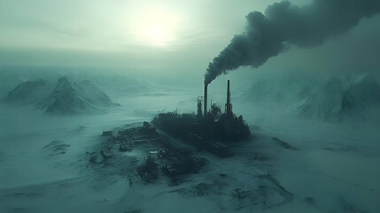 Fototapeta premium Arctic factory pollution, snowy mountains