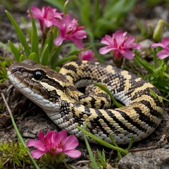 Obraz premium Eastern Massasauga Amidst Spring Blooms: A Serene Moment in Nature's Beauty