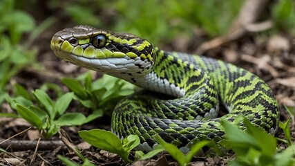 Fototapeta premium Darevsky's Viper Amidst Lush Greenery: A Vibrant Spring Scene