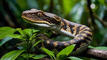 Obraz premium Bothrops Snake Coiled Gracefully on Tree Branch Amidst Rainforest Foliage