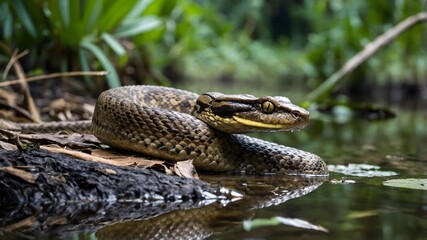Naklejka premium Tranquil Habitat: Bothrops Snake Relaxing by Stream, Mirrored in Still Waters