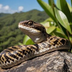 Obraz premium Peaceful Perch: Bothrops Snake Enjoying the Sun in a Tranquil Natural Setting