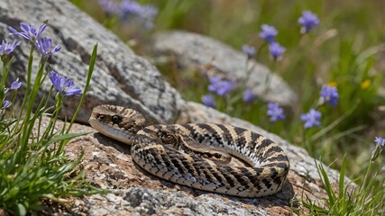 Fototapeta premium Alpine Serenity: Darevsky's Viper Coiled Among Rugged Mountain Rocks