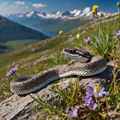Fototapeta premium Darevsky's Viper Resting Among Rocky Outcrops in Alpine Terrain