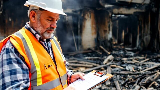 Construction inspector assesses fire damage on site with clipboard observations