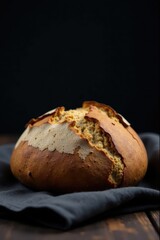 Artisan Baked Loaf of Crusty Bread, Rustic Texture and Golden Brown Hues,  A Culinary Delight on Dark Fabric