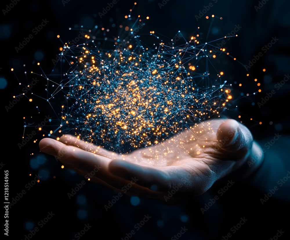 Aufkleber a hand displaying a burst of colorful, glowing particles in a dark background